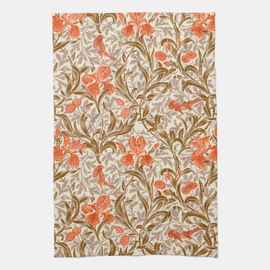 William Morris Irises, Coral Oranje, Brown & Beige Theedoek (Verticaal)