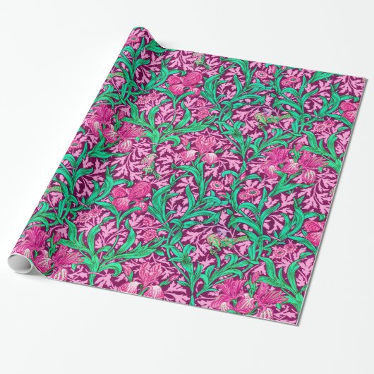 William Morris Irises, Fuchsia Pink en Wine Cadeaupapier (Uitgerold)