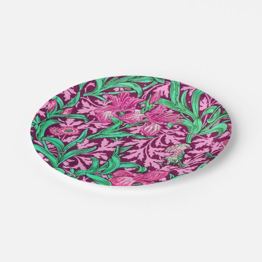 William Morris Irises, Fuchsia Pink en Wine Papieren Bordje (Gekanteld)