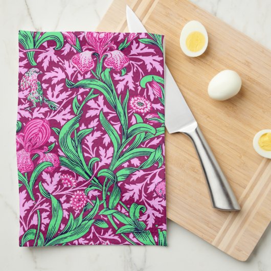William Morris Irises, Fuchsia Pink en Wine Theedoek (Quarter Fold)