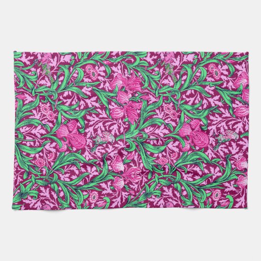 William Morris Irises, Fuchsia Pink en Wine Theedoek (Horizontaal)