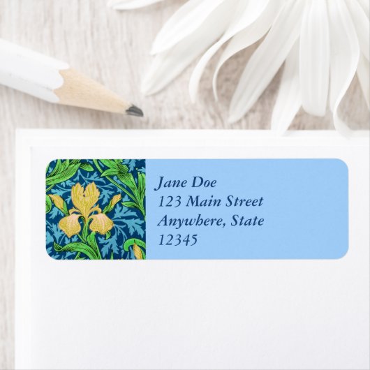 William Morris Irises, Geel en Kobalt Blue Etiket (Insitu)