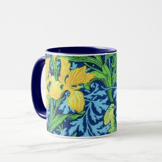 William Morris Irises, Geel en Kobalt Blue Mok (Voorkant links)