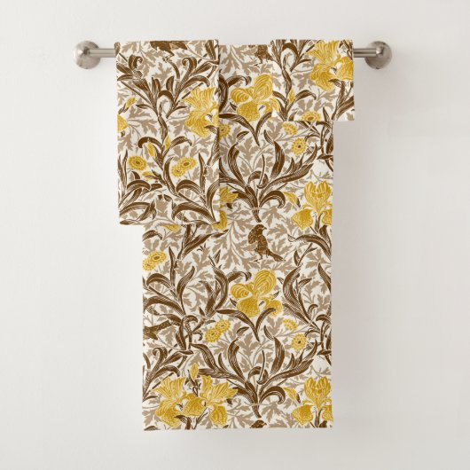 William Morris Irises, Mustard Gold, Brown & Beige Bad Handdoek (Insitu)