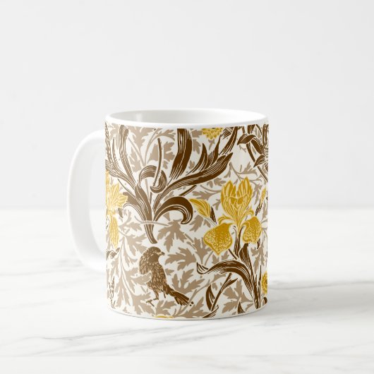 William Morris Irises, Mustard Gold, Brown & Beige Koffiemok (Voorkant links)