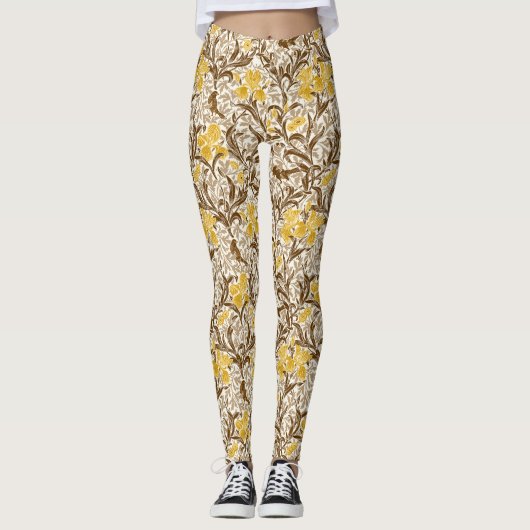 William Morris Irises, Mustard Gold, Brown & Beige Leggings (Voorkant)