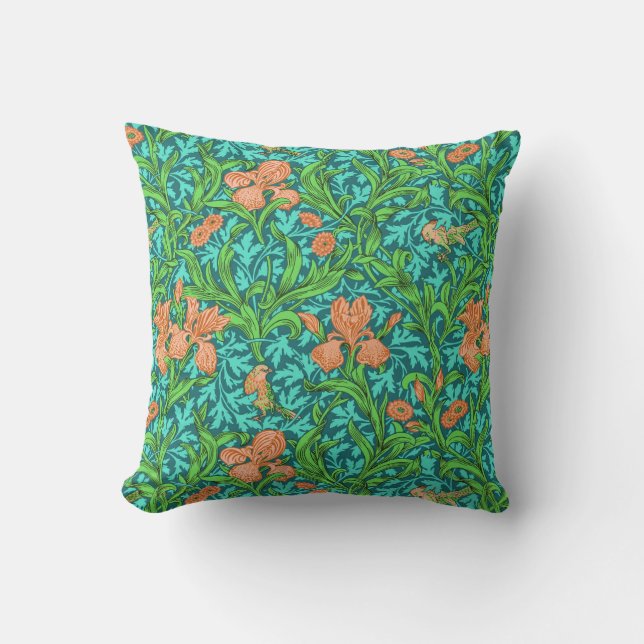 William Morris Irises, Oranje en Turquoise Buitenkussen (Voorkant)