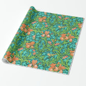 William Morris Irises, Oranje en Turquoise Cadeaupapier (Uitgerold)
