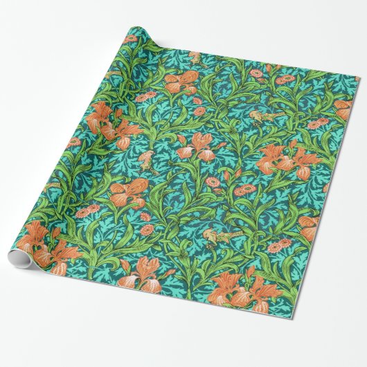 William Morris Irises, Oranje en Turquoise Cadeaupapier (Uitgerold)