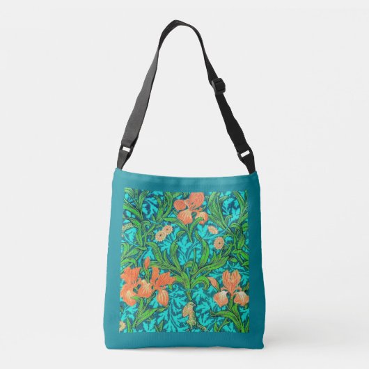 William Morris Irises, Oranje en Turquoise Crossbody Tas (Achterkant)