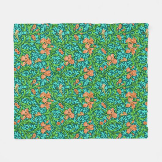 William Morris Irises, Oranje en Turquoise Fleece Deken (Voorkant (Horizontaal))