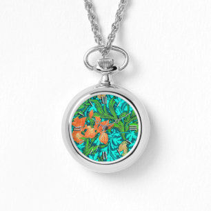 William Morris Irises, Oranje en Turquoise Horloge