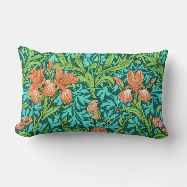 William Morris Irises, Oranje en Turquoise Kussen (Voorkant)