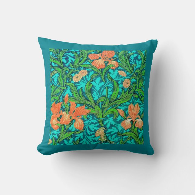 William Morris Irises, Oranje en Turquoise Kussen (Voorkant)