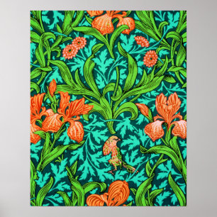 William Morris Irises, Oranje en Turquoise Poster