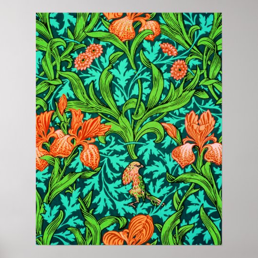 William Morris Irises, Oranje en Turquoise Poster (Voorkant)