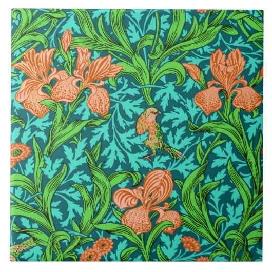 William Morris Irises, Oranje en Turquoise Tegeltje (Voorkant)