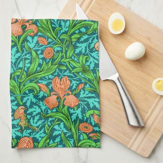 William Morris Irises, Oranje en Turquoise Theedoek (Quarter Fold)