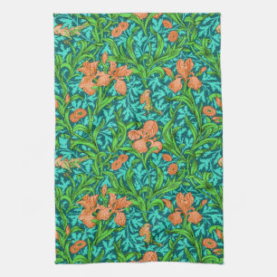 William Morris Irises, Oranje en Turquoise Theedoek
