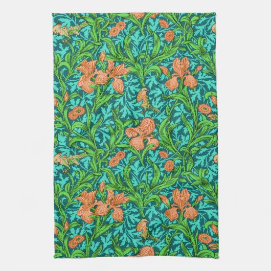 William Morris Irises, Oranje en Turquoise Theedoek (Verticaal)