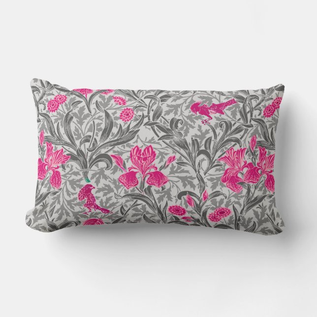William Morris Irises, Pink en Silver Grey/Gray Kussen (Voorkant)