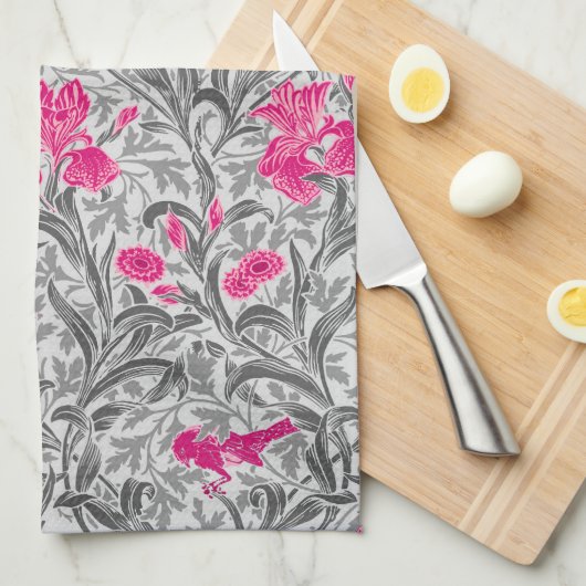 William Morris Irises, Pink en Silver Grey/Gray Theedoek (Quarter Fold)