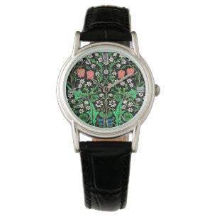 William Morris Jacobean Floral, Black Background Horloge