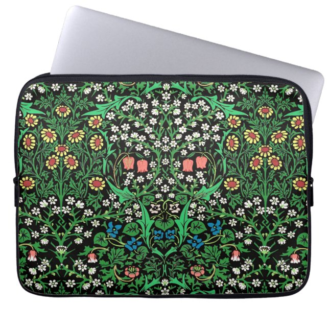William Morris Jacobean Floral, Black Background Laptop Sleeve (Voorkant)