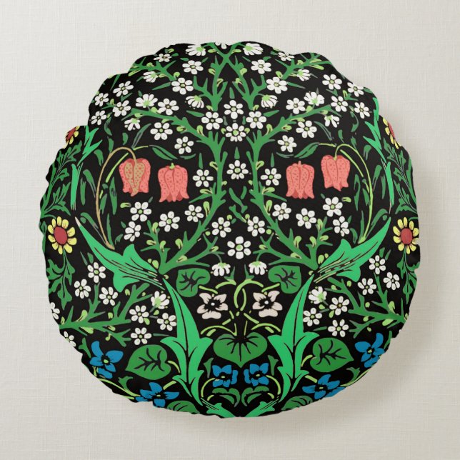 William Morris Jacobean Floral, Black Background Rond Kussen (Voorkant)