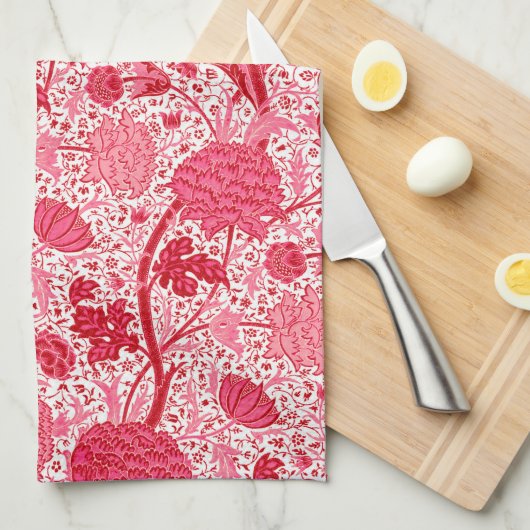 William Morris Jacobean Floral, Coral Pink Theedoek (Quarter Fold)