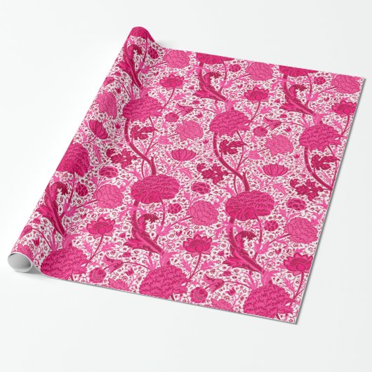 William Morris Jacobean Floral, Fuchsia Pink Cadeaupapier (Uitgerold)