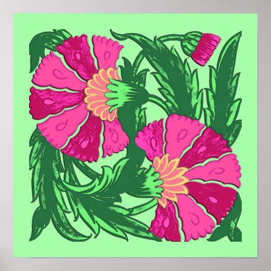 William Morris Jacobean, Fuchsia Pink en Green Poster (Voorkant)