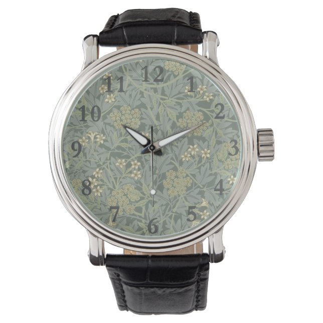 William Morris Jasmine Blauw Groene Botanische Kun Horloge (Voorkant)