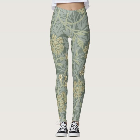 William Morris Jasmine Blauw Groene Botanische Kun Leggings (Voorkant)