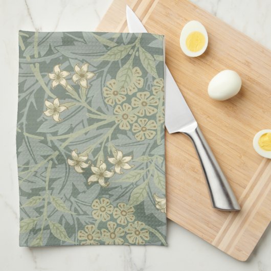 William Morris Jasmine Blauw Groene Botanische Kun Theedoek (Quarter Fold)