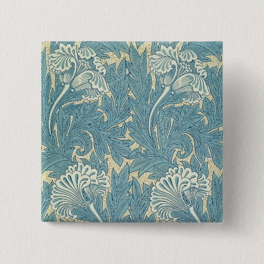 William Morris Klassieke Tulp Blauwe Bloem Vierkante Button 5,1 Cm (Voorkant)