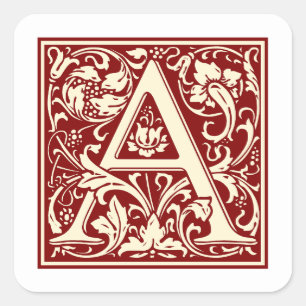 William Morris Letter A Monogram Initiaal Red Vierkante Sticker