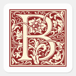 William Morris Letter B Monogram Initiaal Rood Vierkante Sticker