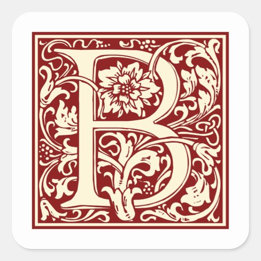 William Morris Letter B Monogram Initiaal Rood Vierkante Sticker (Voorkant)