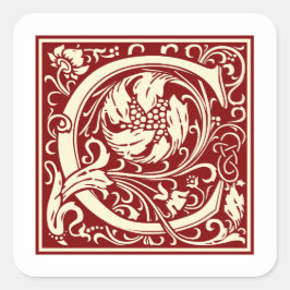 William Morris Letter C Monogram Initiaal Rood Vierkante Sticker