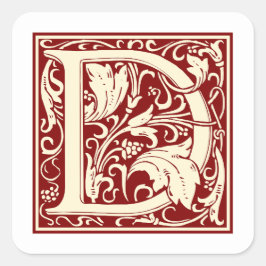 William Morris Letter D Monogram Initiaal Rood Vierkante Sticker