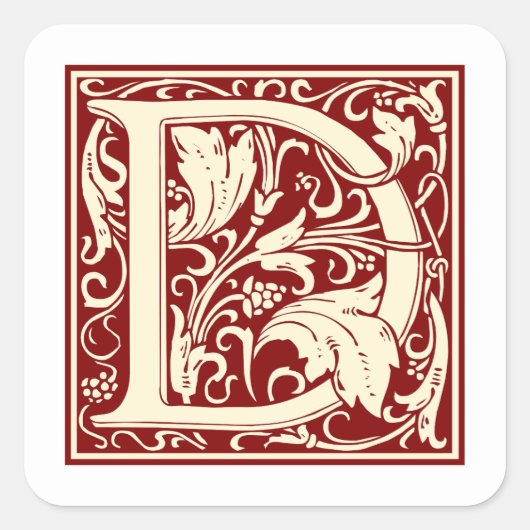 William Morris Letter D Monogram Initiaal Rood Vierkante Sticker (Voorkant)