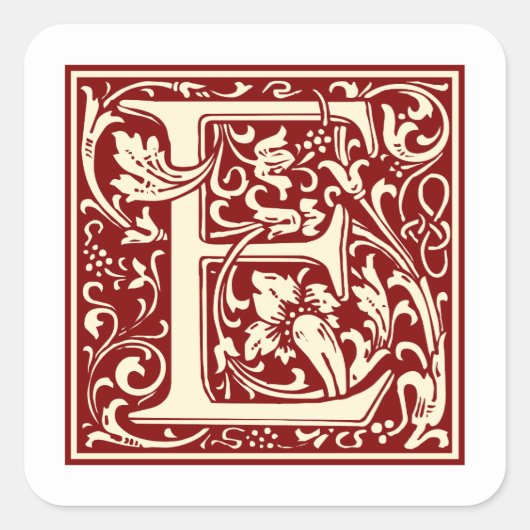 William Morris Letter E Monogram Initiaal Rood Vierkante Sticker (Voorkant)