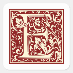 William Morris Letter E Monogram Initiaal Rood Vierkante Sticker