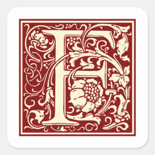 William Morris Letter F Monogram Initiaal Rood Vierkante Sticker