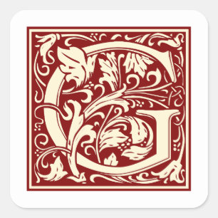 William Morris Letter G Monogram Initiaal Rood Vierkante Sticker