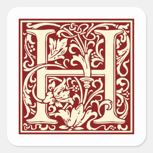 William Morris Letter H Monogram Initiaal Rood Vierkante Sticker (Voorkant)