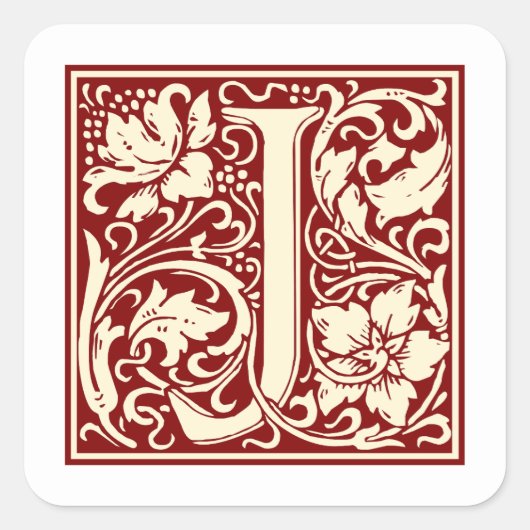 William Morris Letter J Monogram Initiaal Rood Vierkante Sticker (Voorkant)
