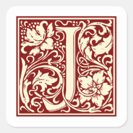 William Morris Letter J Monogram Initiaal Rood Vierkante Sticker