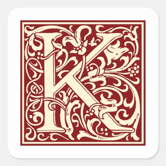 William Morris Letter K Monogram Initiaal Rood Vierkante Sticker (Voorkant)